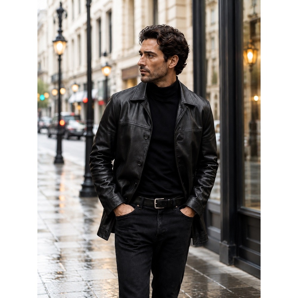 Vintage Lambskin Leather Car Coat Black Oversized Quiet Luxury‎ Mens Sz XL